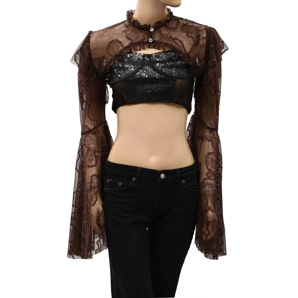 Free People Willow Lace Bolero Shrug Cropped Top Long Sleeve Sheer M/L 291330